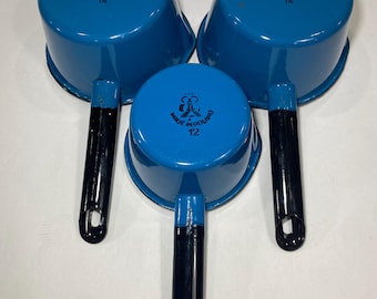 ヴィンテージ 3点 ブルー エナメル ポット セット、ポーランド製、S サイズ、多少の錆あり