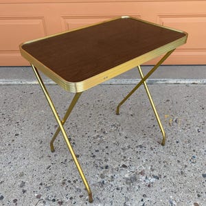 TV Tray, Metal Snack Table, Vintage Brown Gold Wood Grain MCM