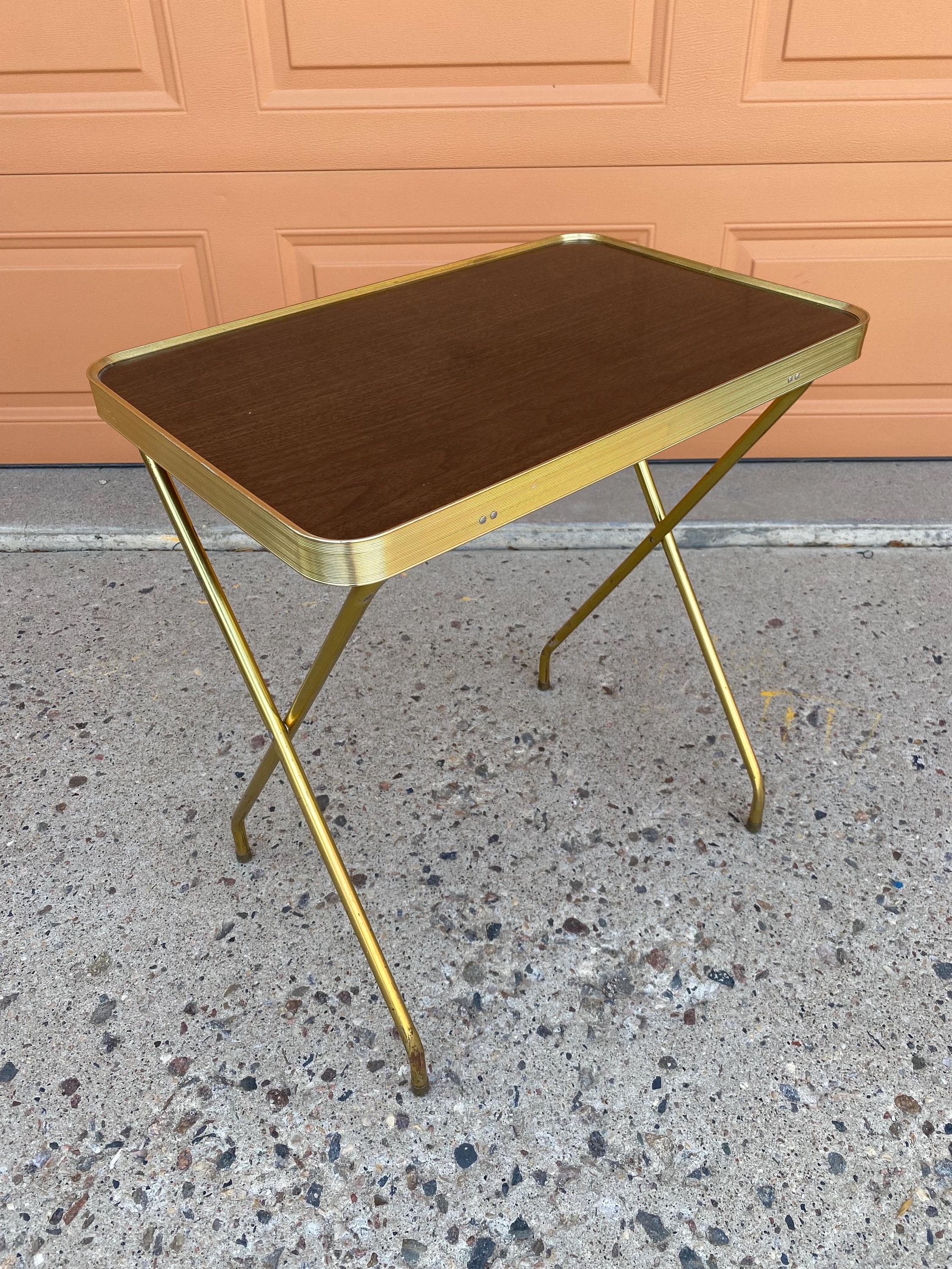 TV Tray Metal Snack Table Vintage Brown Gold Wood Grain MCM Etsy