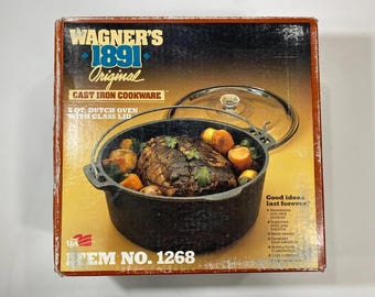 Wagners 1891 Cast Iron Dutch Oven 5 Qt Glass Lid NOS USA Made Pot!!