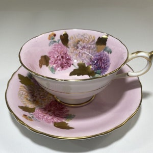 Rare Paragon Chrysanthemums Gold Leaf Pink Cup And Saucer Fine Bone China