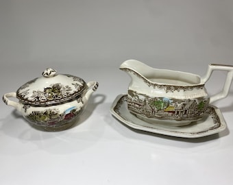 Vintage Kensington Shakespeare Gravy Boat w/ Plate – Ironstone, Stained