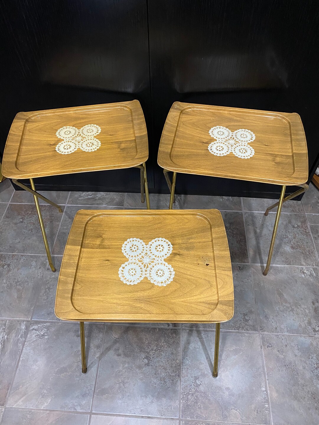 Set of 3 Folding TV Tray Metal Snack Tables Vintage Brown Etsy