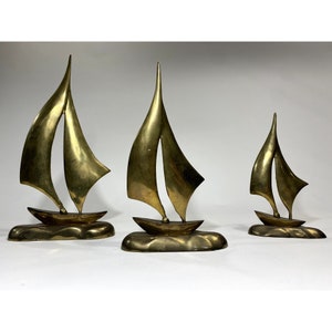 Set of 3 Brass Sailboat Sculpture Figurines Mid Century MCM Decor, Gold Boat, Nautical