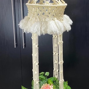 May include: A cream-colored macrame plant hanger featuring an intricate knotted design, a wide upper section with a fringe border, and four long vertical cords supporting a lower basket containing a green leafy plant with pink flowers.
