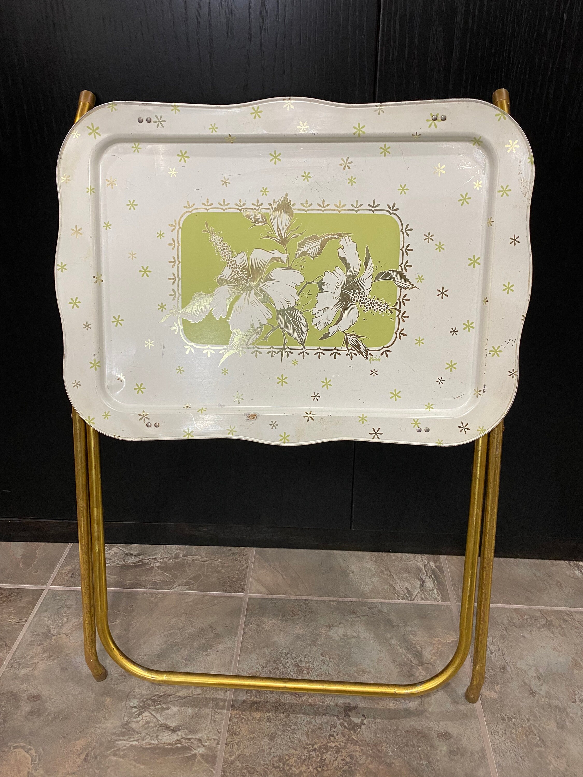 TV Snack Tray Metal Vintage Folding White and Green Floral Etsy