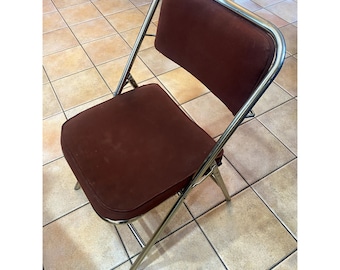 Mid Century Modern Folding Chair Brass Gold Metal With Brown Seat MCM Accent