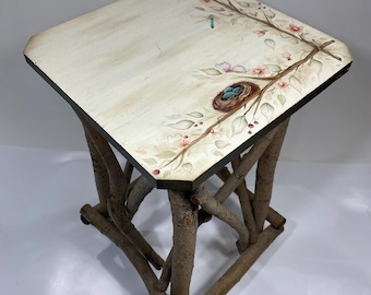 Rustic Tree Branch Side Table Hand Painted Bird Nest Plant Stand Woodland Accent Table 21 Inch