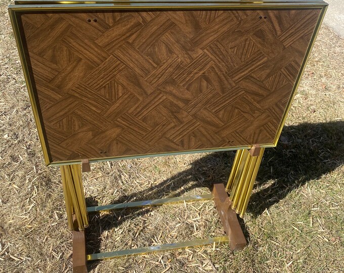 Set of Parquet Vintage Folding Metal TV Snack Tray With Storage Cart