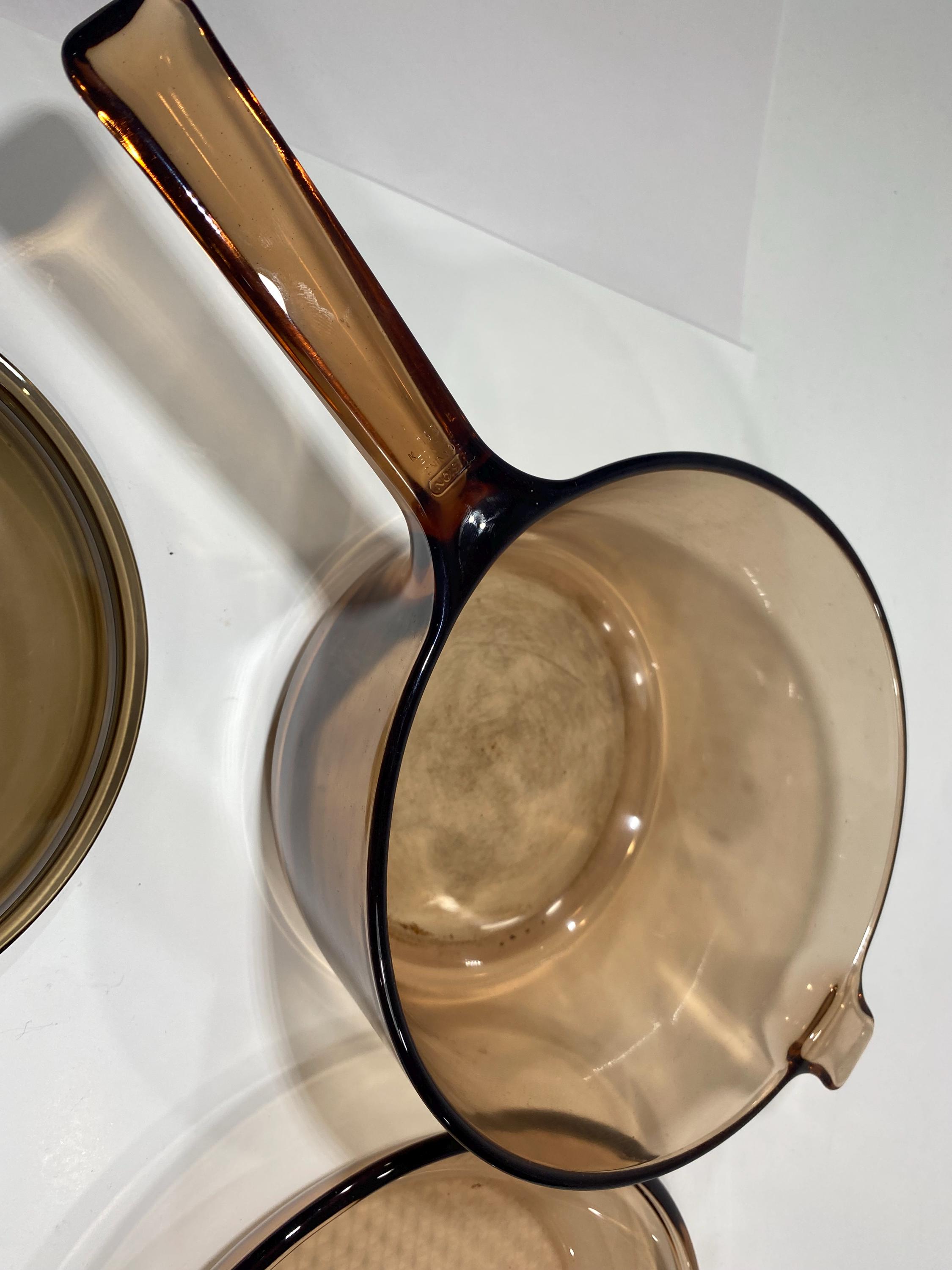 Vintage Amber Pyrex Glass Cookware Set France 4pc Skillet Pot & Lids No ...