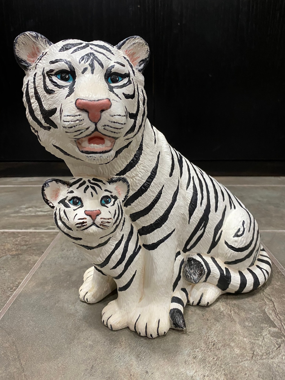 White Tiger Statue Ceramic Figurine With Cub Cat Feline Etsy