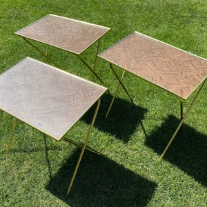 Set of 3 Folding TV Tray, Snack Tables, Parquet, Wood Grain, Brown MCM Mid