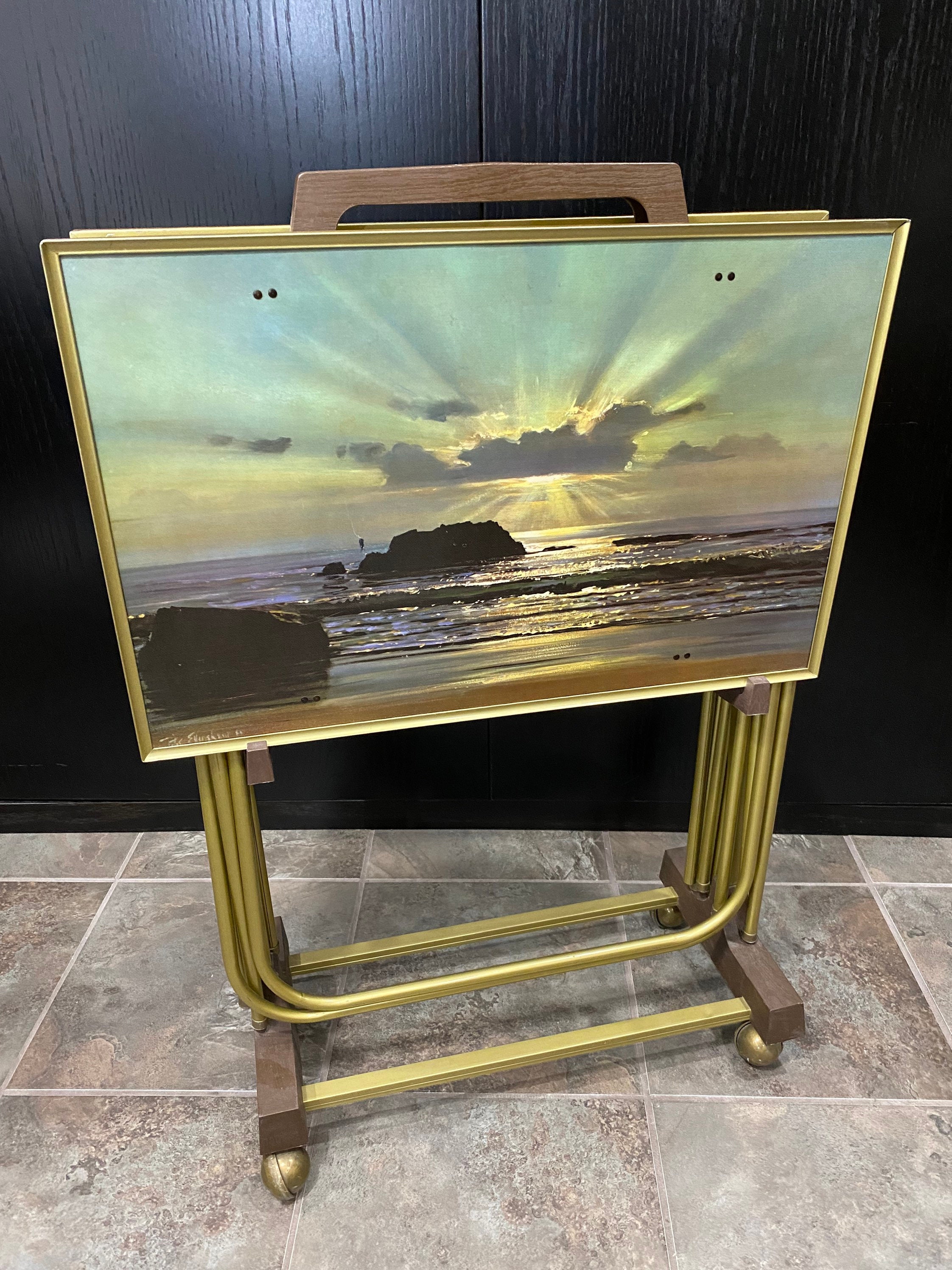 Vintage Folding TV Trays Serving Tables Sunset Beach Etsy