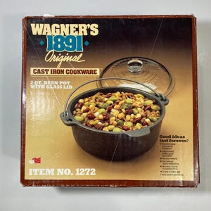 Wagner's 1891 Original Cast Iron 2 Qt Bean Pot with Glass Lid New Old Stock in Original Box Item 1272
