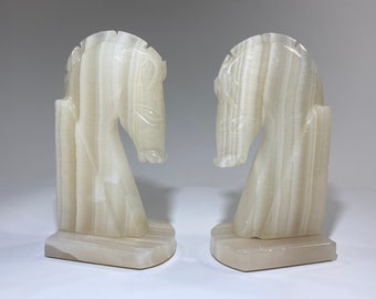 Vintage, Trojan, Horse, Head, Bookends, HandCarved, Onyx Rock, Marble, Stone, Book Ends, 8&quot; tall