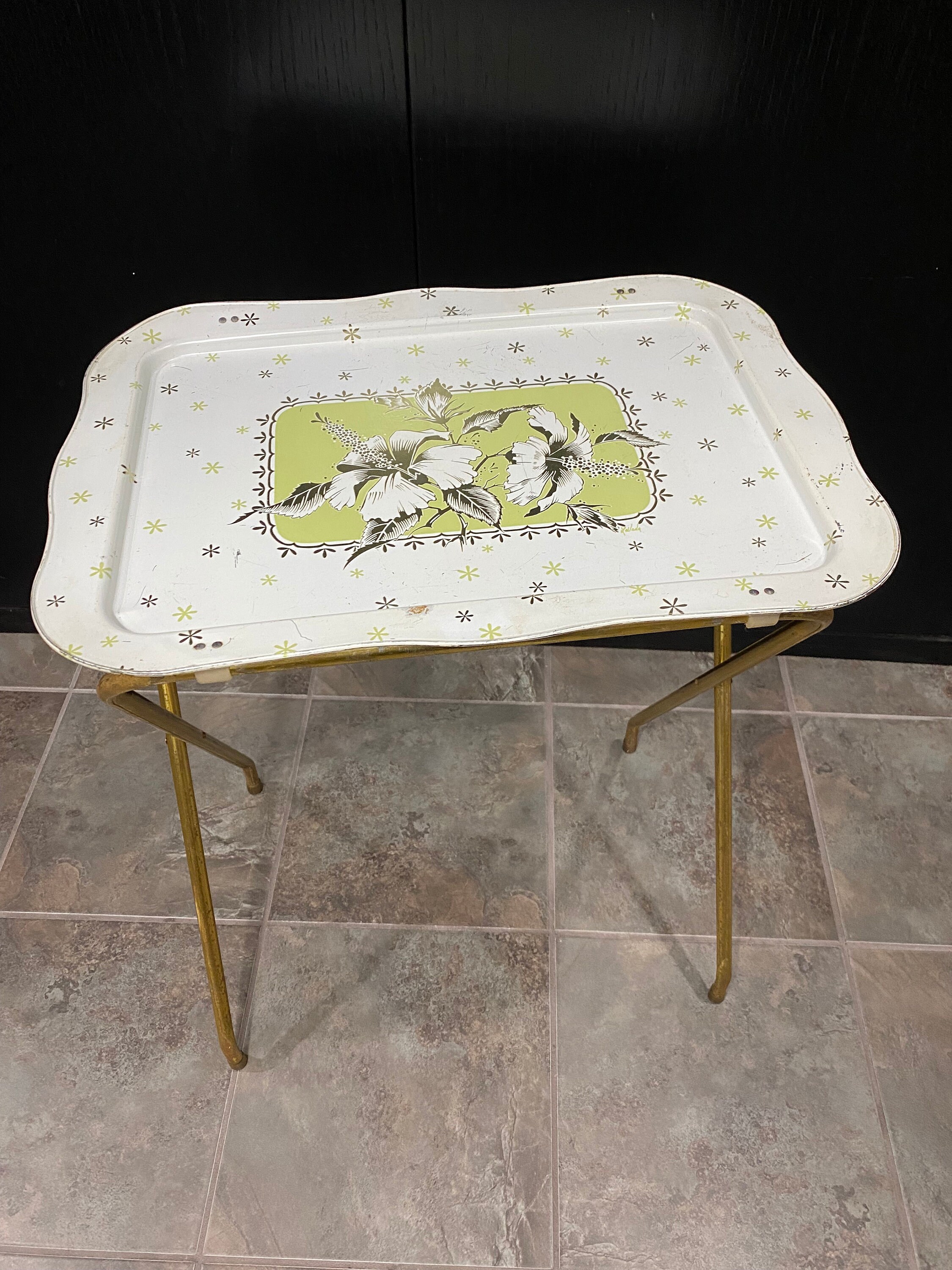 TV Snack Tray Metal Vintage Folding White and Green Floral Etsy