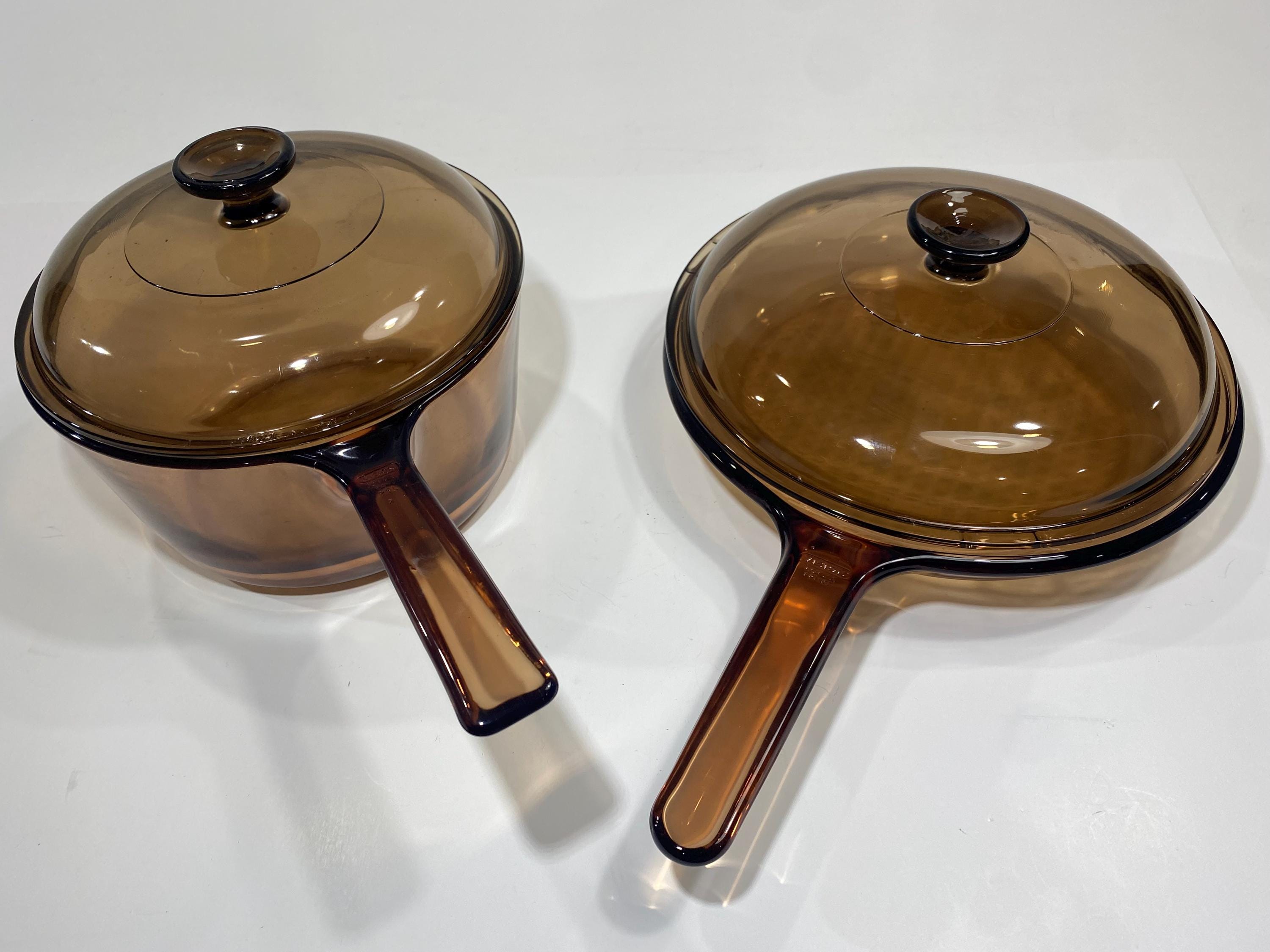 Vintage Amber Pyrex Glass Cookware Set France 4pc Skillet Pot & Lids No ...