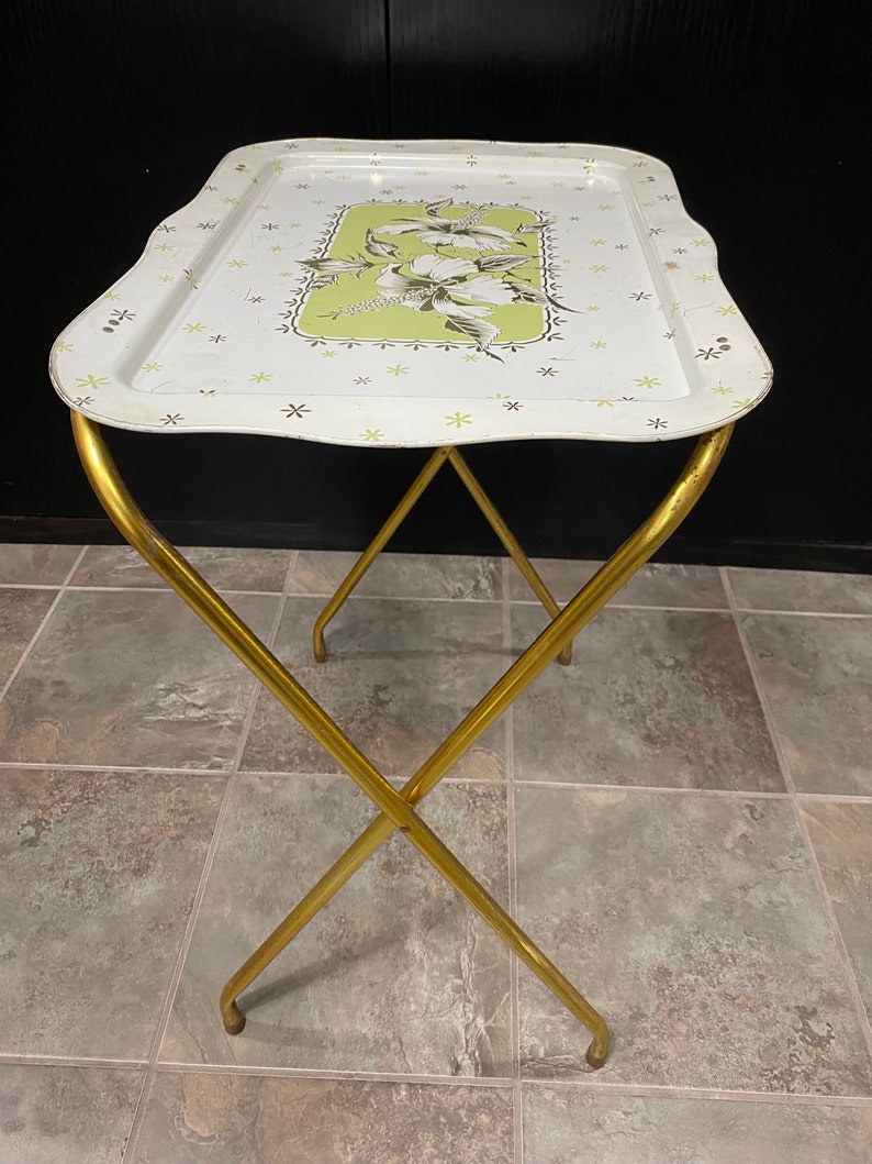 TV Snack Tray Metal Vintage Folding White and Green Floral Etsy