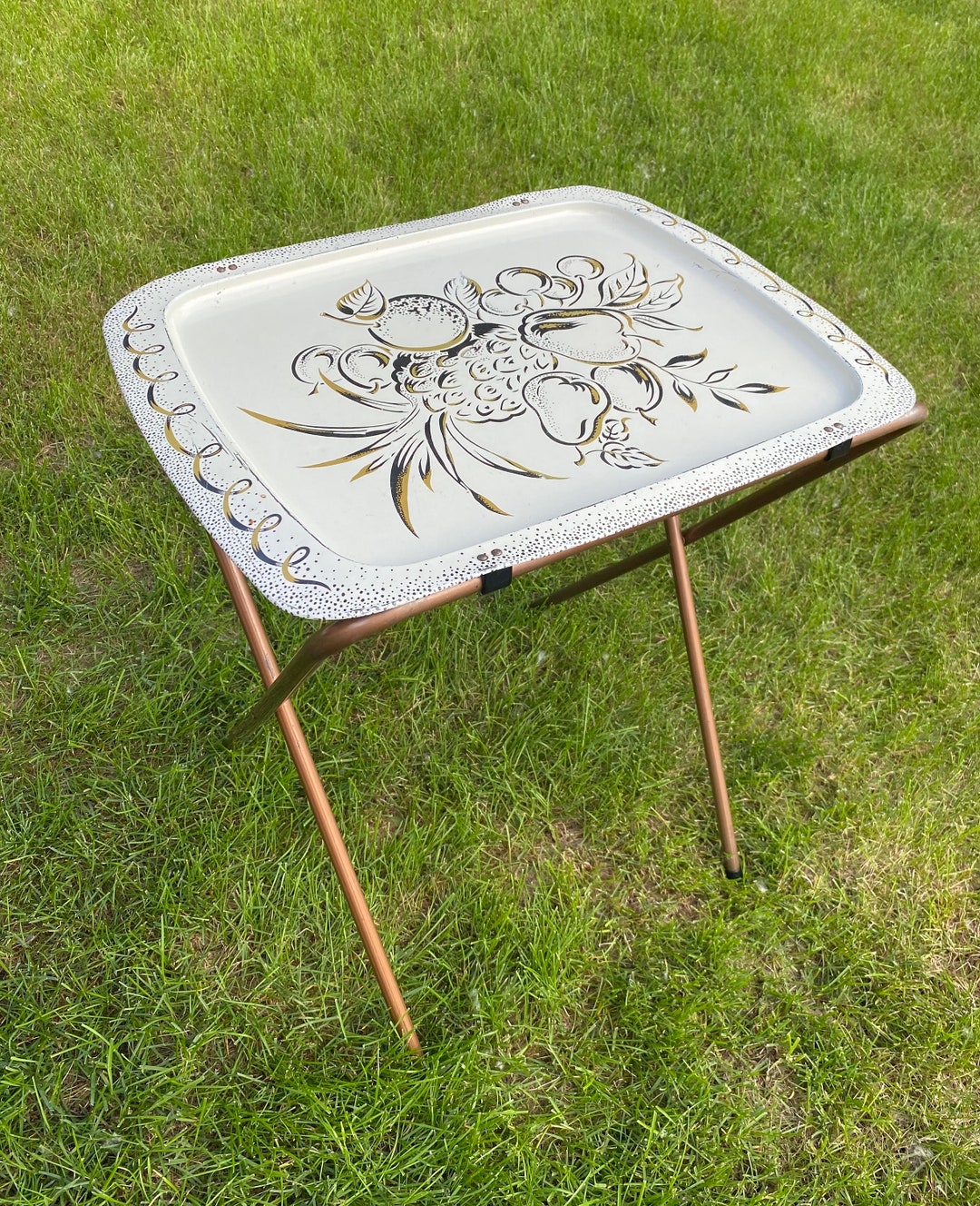 TV Snack Tray Metal Vintage Folding White and Gold Fruit Etsy
