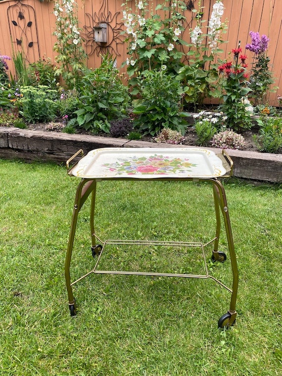 Vintage Gold Metal TV Tray Plant Stand, Tray Bar Cart? Floral