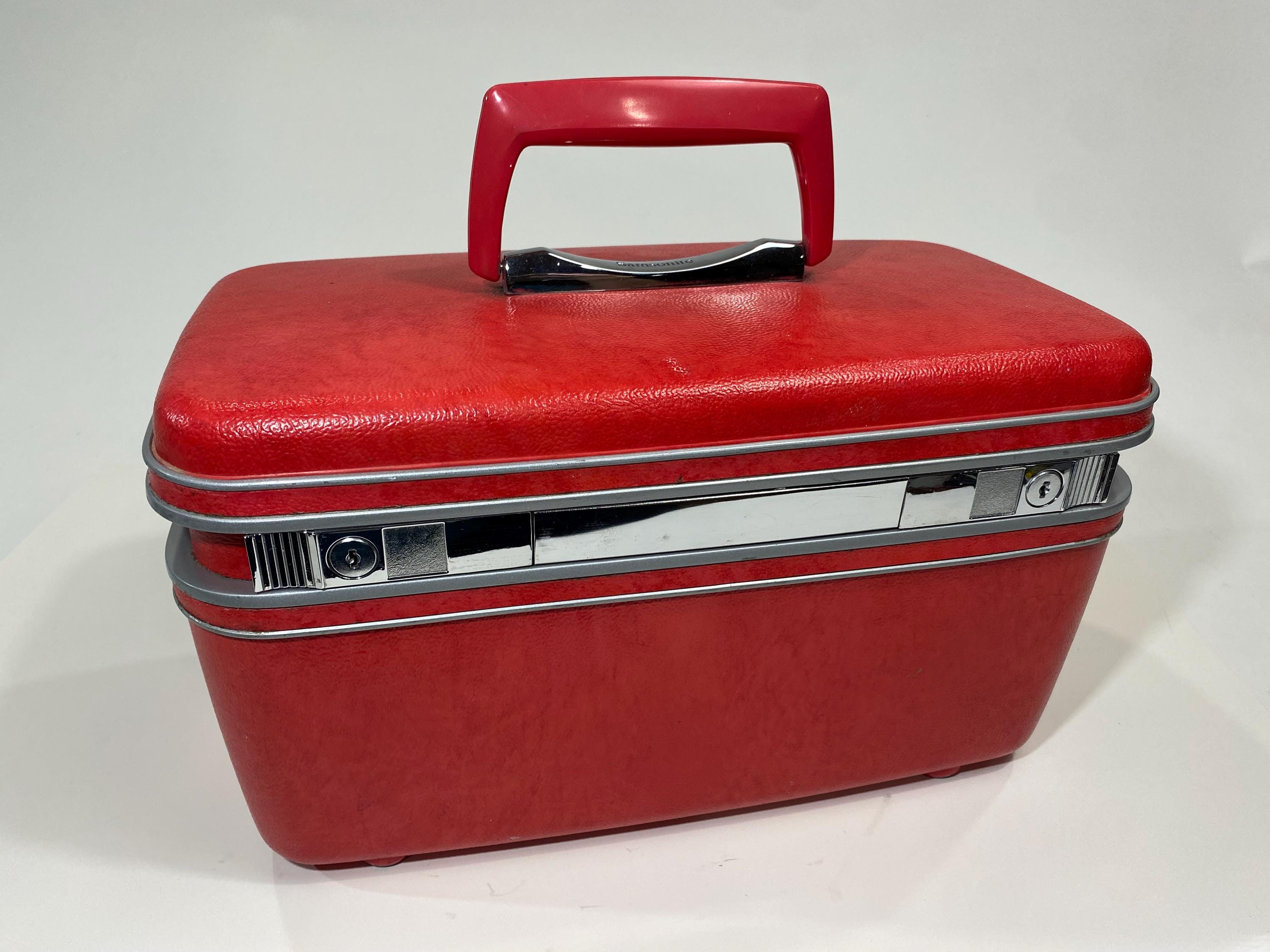 Vintage rode Samsonite treinkoffer silhouet, harde cosmetische make-updoos zonder sleutel