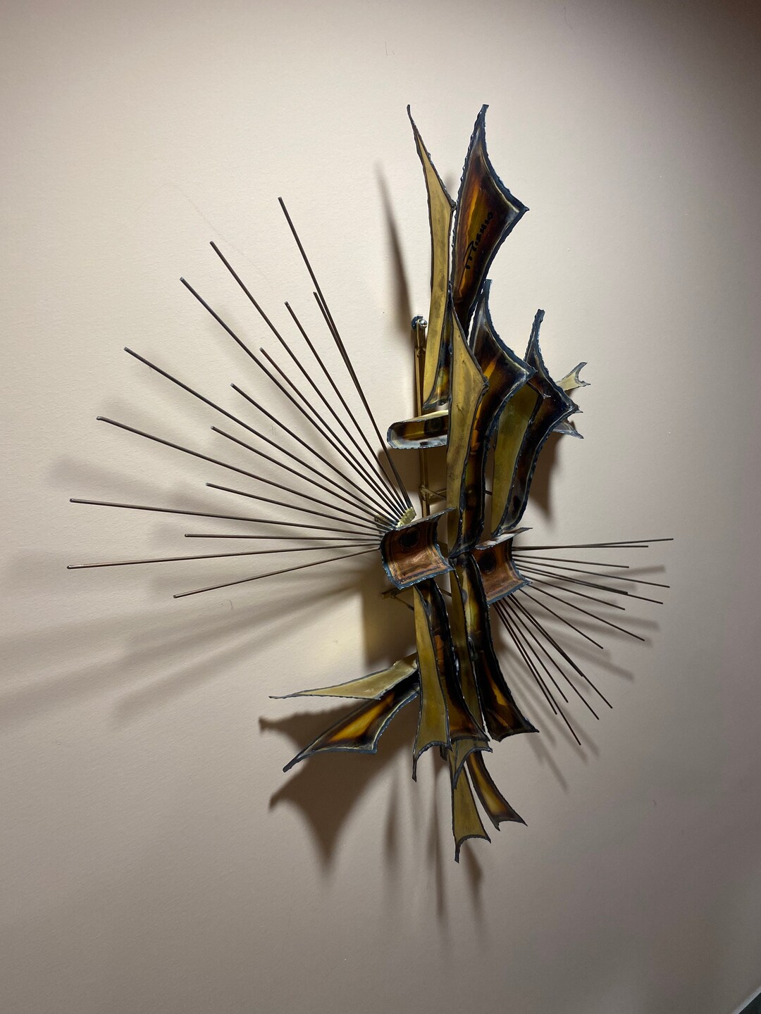 Brutalist Midcentury Metal Wall Art Gold Copper Colors MCM Decor 28x19