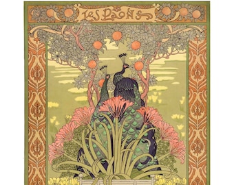 Impresión Art Nouveau de pavo real: póster botánico francés vintage