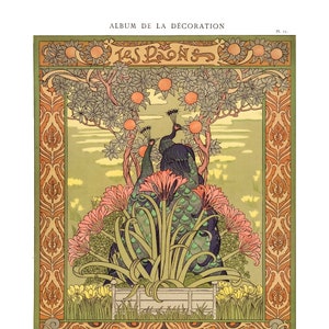 Peacock Art Nouveau Print: Vintage French Botanical Poster