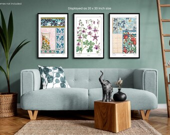 Columbine Art Nouveau Prints Set, 3 Piece Art Deco Prints Set, 24x36 Prints 3 Pieces, Art Prints Set of 3