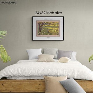 May include: A framed print of a vintage illustration depicting a landscape with a river, trees, and a bird. The print is 24x32 inches and is displayed on a wall above a bed with white linens and pillows.