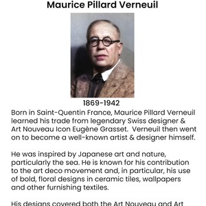 Puede incluir: Un retrato en blanco y negro de Maurice Pillard Verneuil, un artista y dise&ntilde;ador franc&eacute;s. El texto "Artist Biography" y "1869-1942" es visible en la imagen.