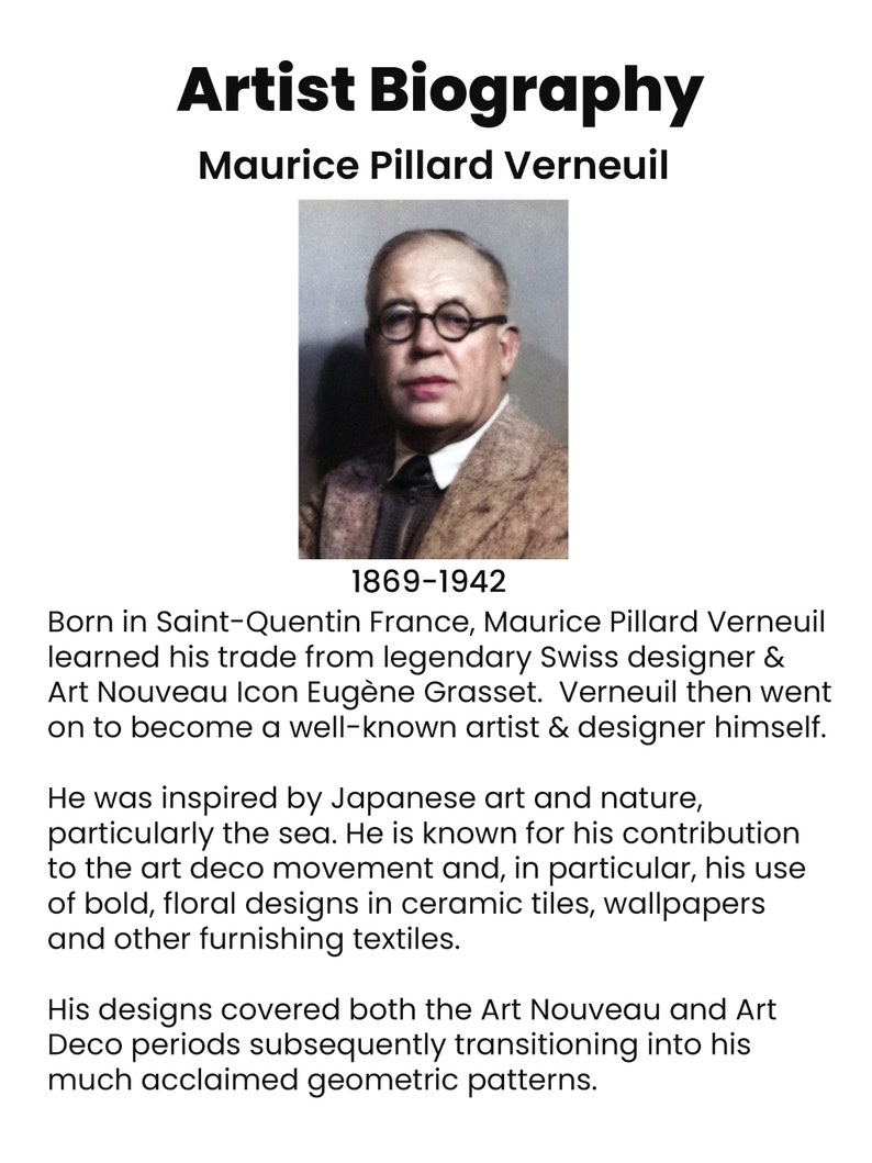 Puede incluir: Un retrato en blanco y negro de Maurice Pillard Verneuil, un artista y dise&ntilde;ador franc&eacute;s. El texto "Artist Biography" y "1869-1942" es visible en la imagen.