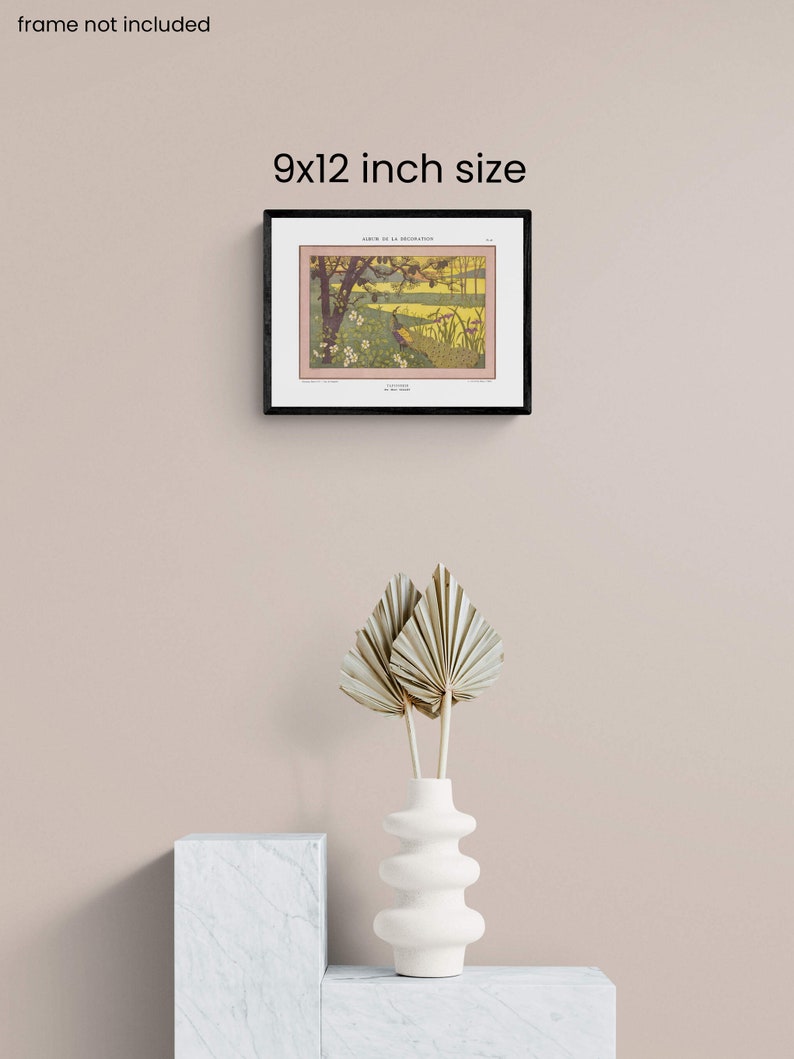 May include: A framed print of a vintage illustration depicting a bird in a landscape setting. The print is titled "Album de la Decoration" and is 9x12 inches in size.