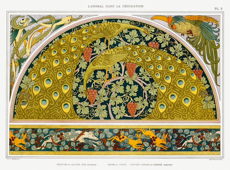 Puede incluir: Una ilustraci&oacute;n vintage de un dise&ntilde;o decorativo con pavos reales, uvas y otros elementos florales. El dise&ntilde;o tiene forma circular y est&aacute; rodeado por un borde de vides y hojas. La ilustraci&oacute;n est&aacute; en un estilo que recuerda al Art Nouveau.