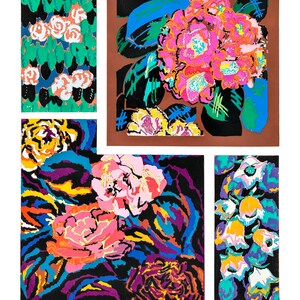 May include: A page from a vintage art book featuring colorful floral illustrations. The artwork showcases vibrant pink, yellow, and blue flowers with black and green foliage. The text "VARIATIONS par benedictus" is at the bottom.