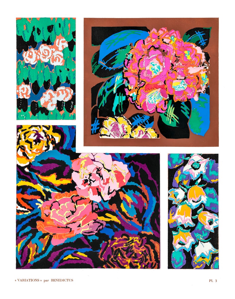 May include: A page from a vintage art book featuring colorful floral illustrations. The artwork showcases vibrant pink, yellow, and blue flowers with black and green foliage. The text "VARIATIONS par benedictus" is at the bottom.