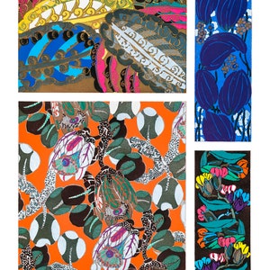 May include: A vintage art print featuring colorful, stylized botanical and abstract designs. The print includes patterns of leaves, flowers, and abstract shapes in shades of orange, blue, green, and brown. The text "VARIATIONS par BENEDICTUS" is visible.