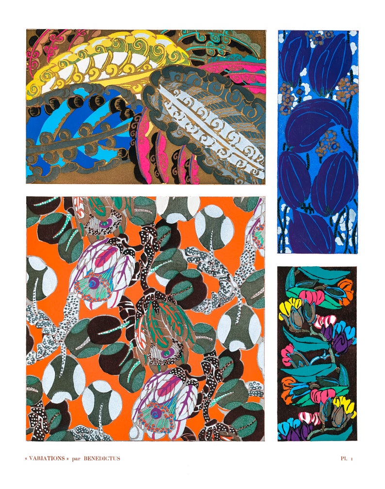 May include: A vintage art print featuring colorful, stylized botanical and abstract designs. The print includes patterns of leaves, flowers, and abstract shapes in shades of orange, blue, green, and brown. The text "VARIATIONS par BENEDICTUS" is visible.
