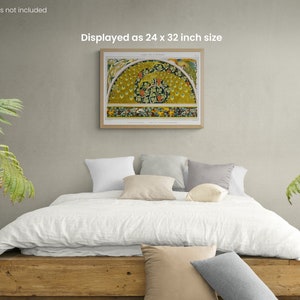 Puede incluir: Una cama de lino blanco con una cabecera de madera y dos almohadas. Una impresi&oacute;n enmarcada de un dise&ntilde;o floral colorido cuelga de la pared sobre la cama. La impresi&oacute;n se muestra en un tama&ntilde;o de 61 x 81 cm.