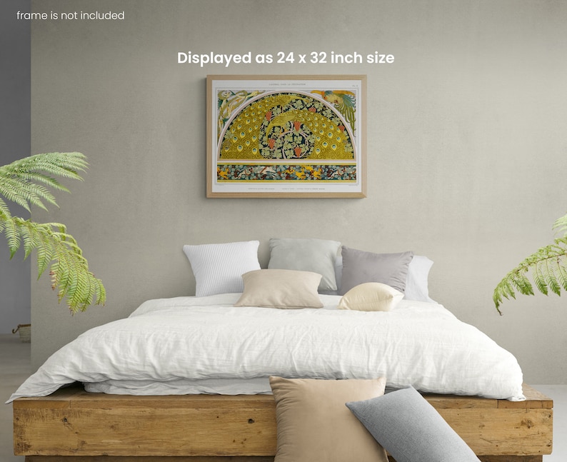 Puede incluir: Una cama de lino blanco con una cabecera de madera y dos almohadas. Una impresi&oacute;n enmarcada de un dise&ntilde;o floral colorido cuelga de la pared sobre la cama. La impresi&oacute;n se muestra en un tama&ntilde;o de 61 x 81 cm.
