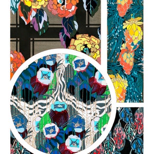 May include: A colorful floral art print featuring stylized flowers and foliage in shades of orange, yellow, blue, and green. The design includes a circular element with a detailed floral pattern and the text "VARIATIONS par BENEDICTUS".