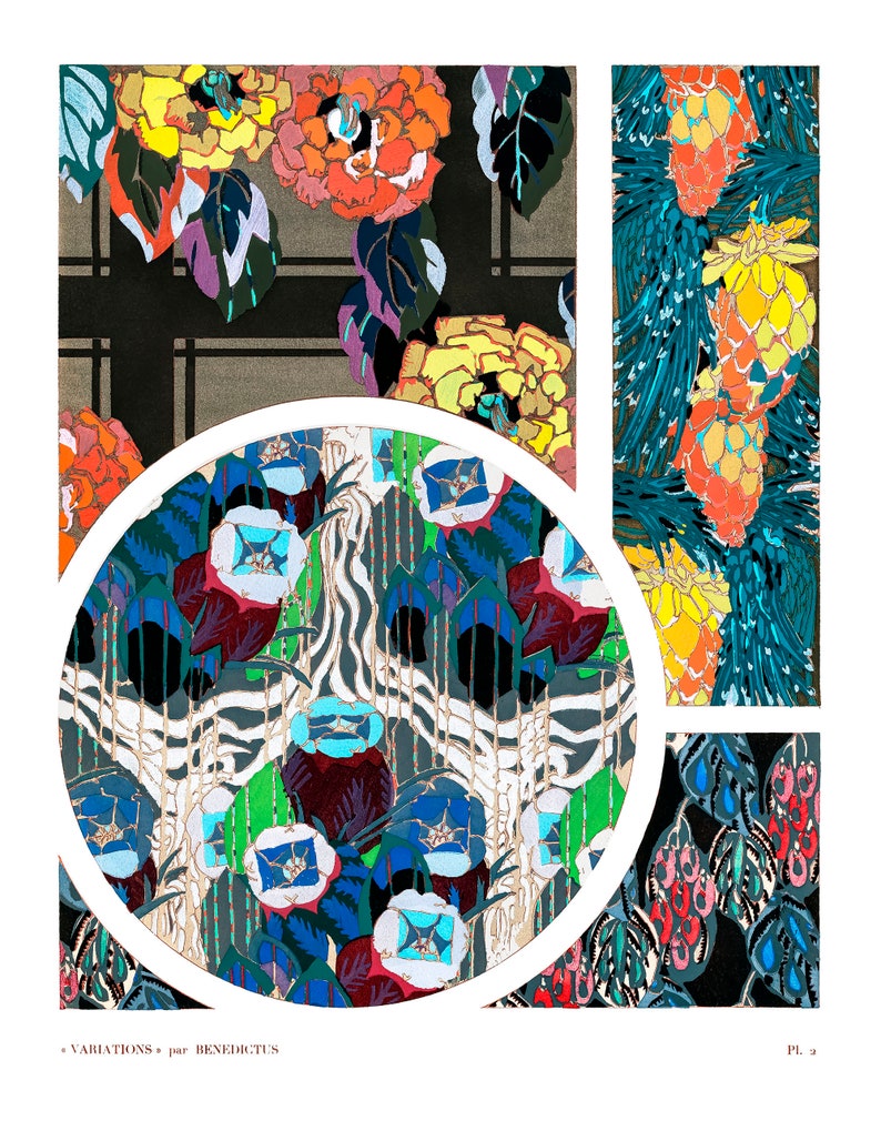 May include: A colorful floral art print featuring stylized flowers and foliage in shades of orange, yellow, blue, and green. The design includes a circular element with a detailed floral pattern and the text "VARIATIONS par BENEDICTUS".