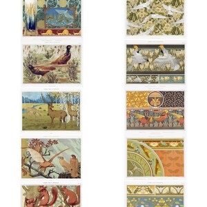 Puede incluir: Una colecci&oacute;n de diez ilustraciones vintage que representan diferentes escenas de la naturaleza. Las ilustraciones est&aacute;n en un estilo decorativo con un enfoque en p&aacute;jaros, animales y patrones florales. Las ilustraciones est&aacute;n impresas en papel y tienen un formato rectangular.
