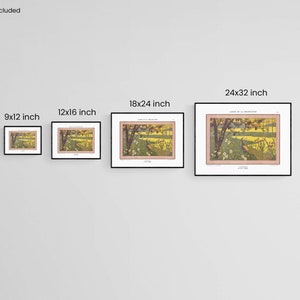 May include: Four framed prints of a painting depicting a landscape with a river, trees, and a bird. The prints are shown in different sizes: 9x12 inches, 12x16 inches, 18x24 inches, and 24x32 inches.