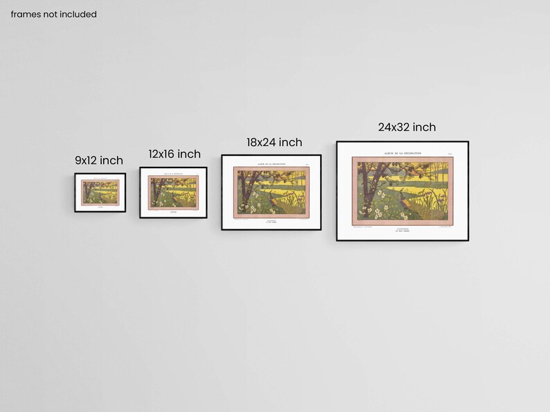 May include: Four framed prints of a painting depicting a landscape with a river, trees, and a bird. The prints are shown in different sizes: 9x12 inches, 12x16 inches, 18x24 inches, and 24x32 inches.