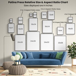 May include: A chart showing different sizes of art prints in inches, with a living room setting in the background. The chart is titled "Patina Press Relative Size & Aspect Ratio Chart".