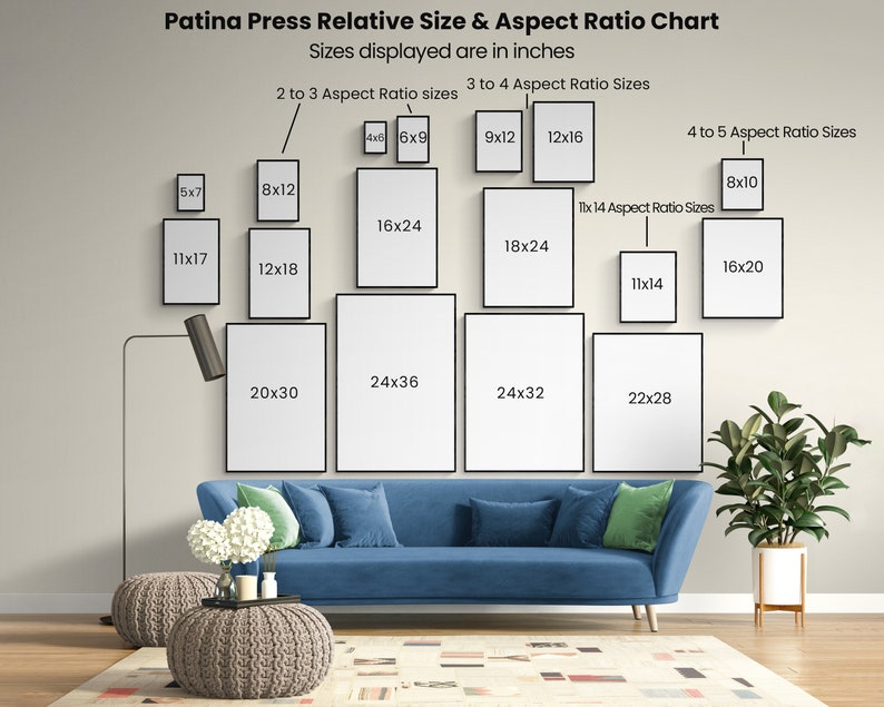 May include: A chart showing different sizes of art prints in inches, with a living room setting in the background. The chart is titled "Patina Press Relative Size & Aspect Ratio Chart".