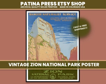 Zion National Park Vintage Poster, Zion Canyon Print, National Park Art, Mid-Century Travel Poster