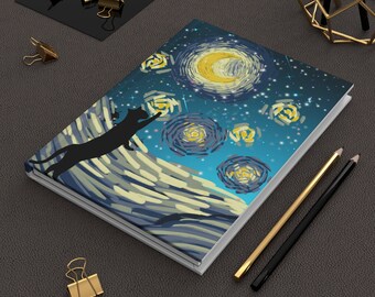 Starry Night Black Cat Lined Journal