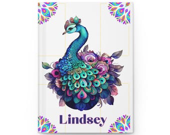 Personalized Peacock Journal, Custom Name Hardcover, Funky Bird Design